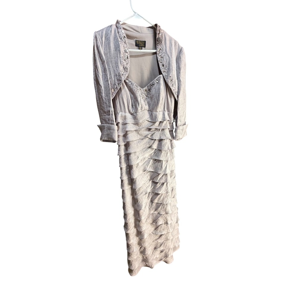 Ignite‎ Evenings Carol Lin Silver Tiered Ruffle Dress Bolero Jacket Set Size 12